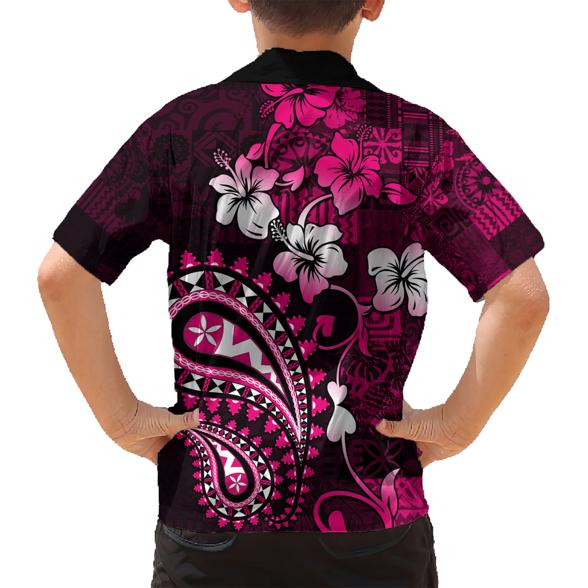 Fiji Masi Paisley With Hibiscus Tapa Kid Hawaiian Shirt Pink Version LT01 - Polynesian Pride