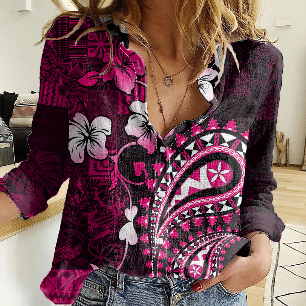Fiji Masi Paisley With Hibiscus Tapa Women Casual Shirt Pink Version LT01 Female Pink - Polynesian Pride