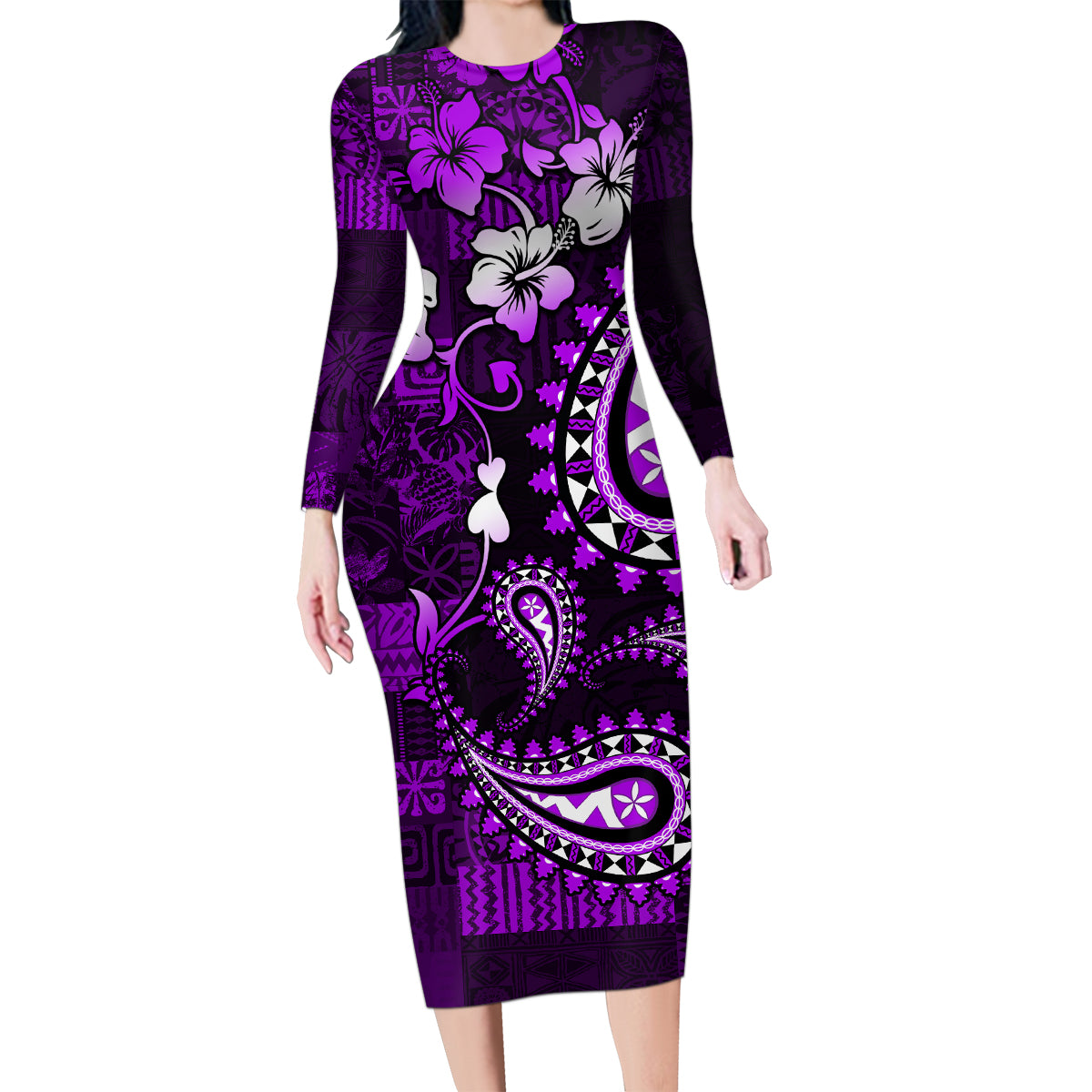 Fiji Masi Paisley Family Matching Long Sleeve Bodycon Dress and Hawaiian Shirt Fijian Hibiscus Tapa Purple Version LT01 Mom's Dress Purple - Polynesian Pride