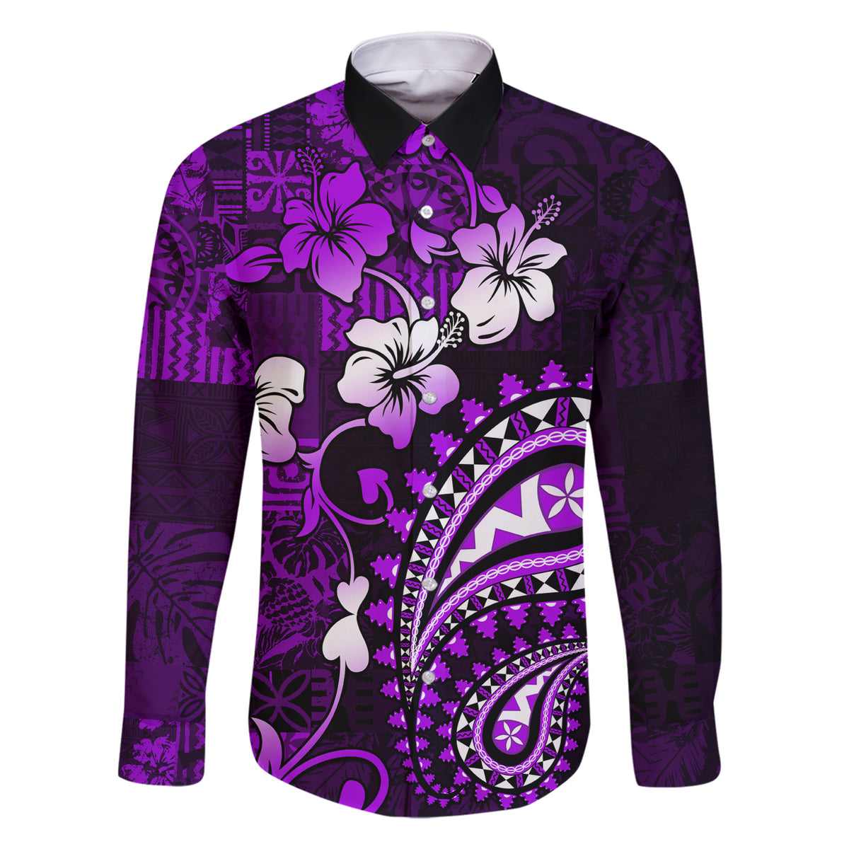 Fiji Masi Paisley Family Matching Short Sleeve Bodycon Dress and Hawaiian Shirt Fijian Hibiscus Tapa Purple Version LT01 Dad's Shirt - Long Sleeve Purple - Polynesian Pride