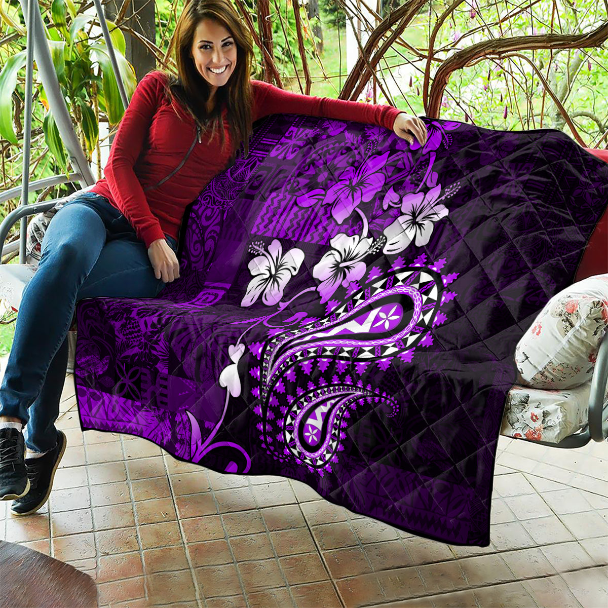 Fiji Masi Paisley Quilt Fijian Hibiscus Tapa Purple Version LT01 - Polynesian Pride