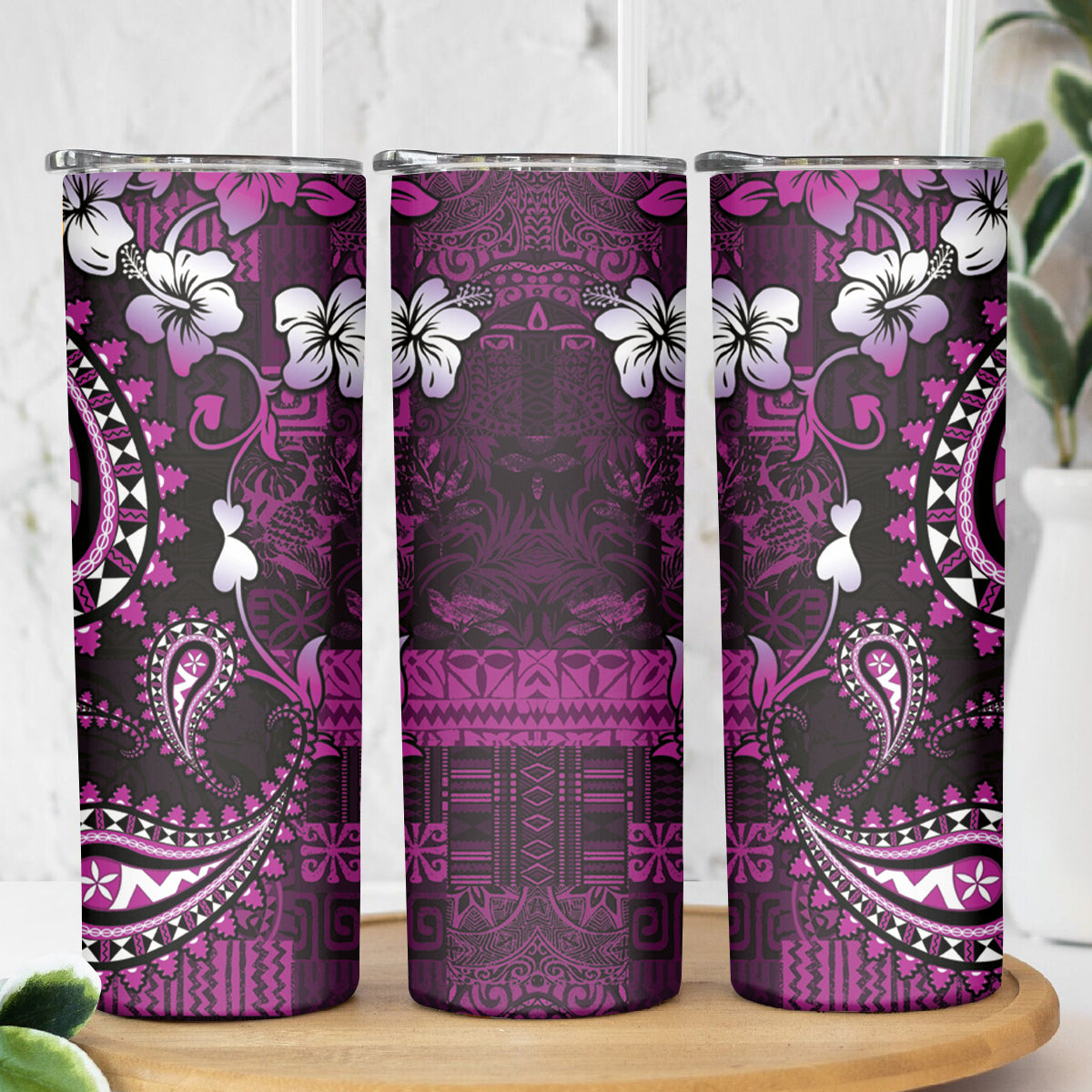 Fiji Masi Paisley Skinny Tumbler Fijian Hibiscus Tapa Purple Version LT01 - Polynesian Pride