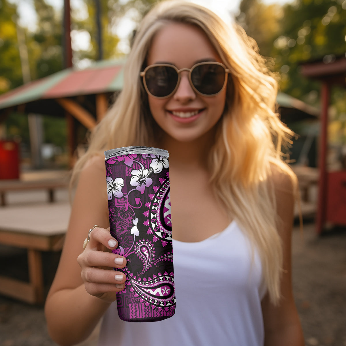 Fiji Masi Paisley Skinny Tumbler Fijian Hibiscus Tapa Purple Version LT01 - Polynesian Pride
