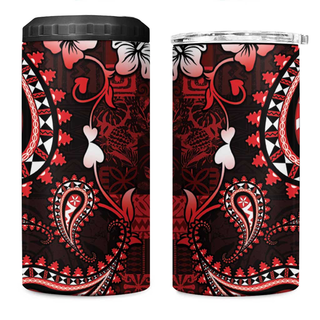 Fiji Masi Paisley 4 in 1 Can Cooler Tumbler Fijian Hibiscus Tapa Red Version LT01 One Size: 16 oz Red - Polynesian Pride