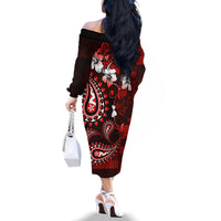 Fiji Masi Paisley Family Matching Off Shoulder Long Sleeve Dress and Hawaiian Shirt Fijian Hibiscus Tapa Red Version LT01 - Polynesian Pride