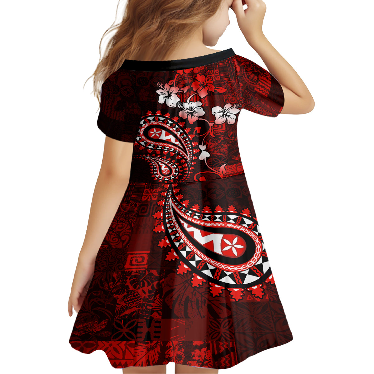 Fiji Masi Paisley Family Matching Off Shoulder Maxi Dress and Hawaiian Shirt Fijian Hibiscus Tapa Red Version LT01 - Polynesian Pride