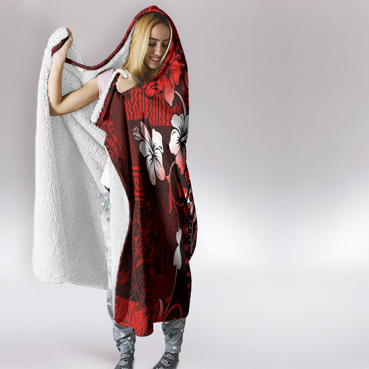 Fiji Masi Paisley Hooded Blanket Fijian Hibiscus Tapa Red Version LT01 - Polynesian Pride