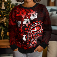 Fiji Masi Paisley Kid Ugly Christmas Sweater Fijian Hibiscus Tapa Red Version LT01 - Polynesian Pride