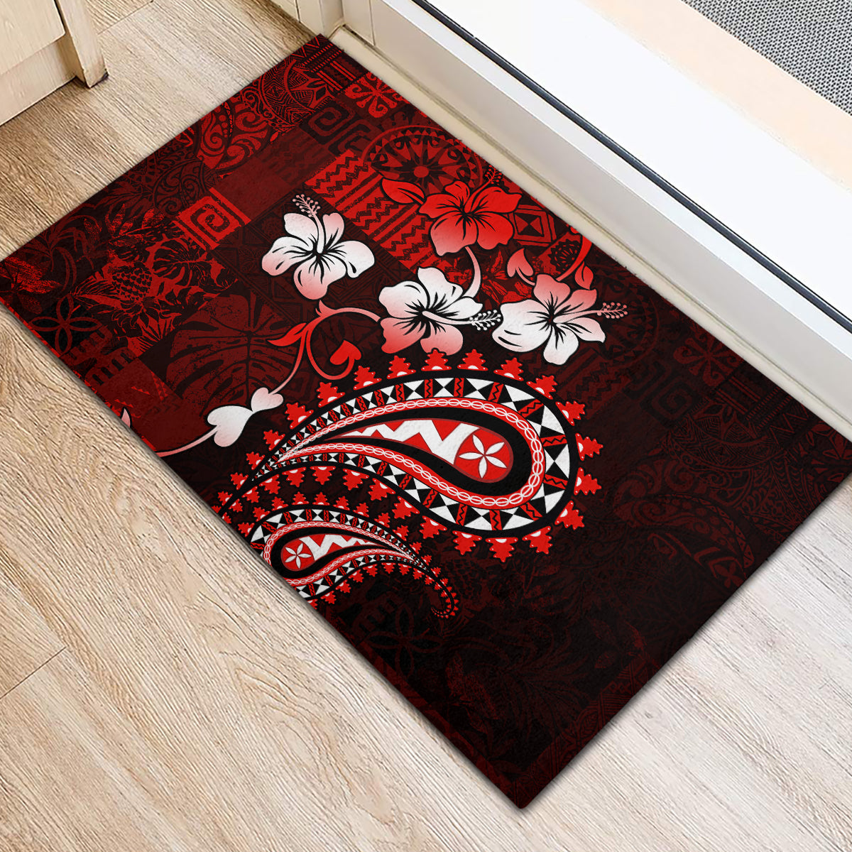 Fiji Masi Paisley Rubber Doormat Fijian Hibiscus Tapa Red Version LT01 - Polynesian Pride
