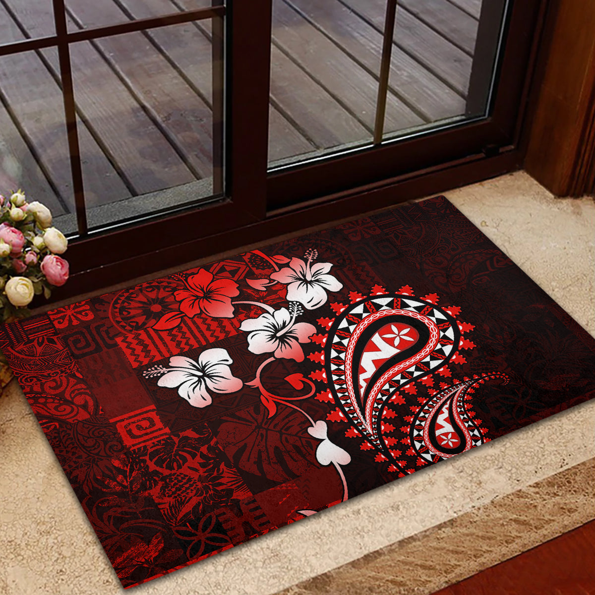 Fiji Masi Paisley Rubber Doormat Fijian Hibiscus Tapa Red Version LT01 - Polynesian Pride