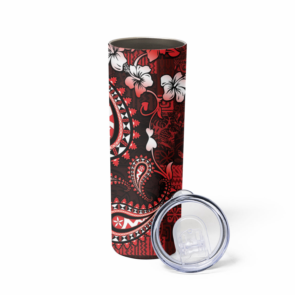Fiji Masi Paisley Skinny Tumbler Fijian Hibiscus Tapa Red Version LT01 - Polynesian Pride