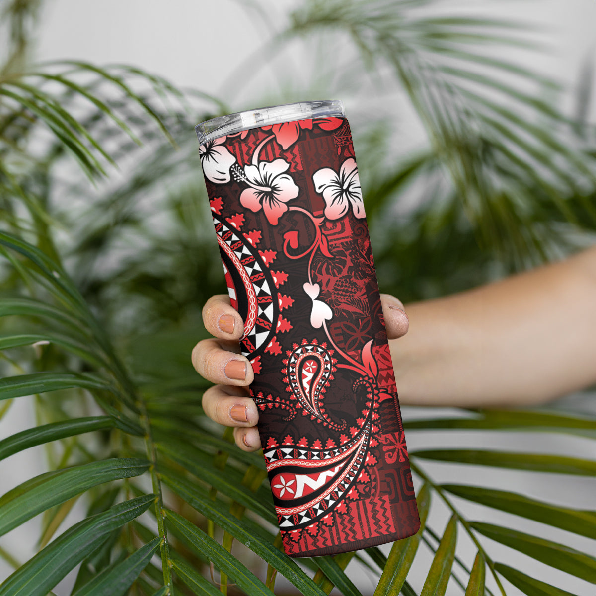 Fiji Masi Paisley Skinny Tumbler Fijian Hibiscus Tapa Red Version LT01 - Polynesian Pride