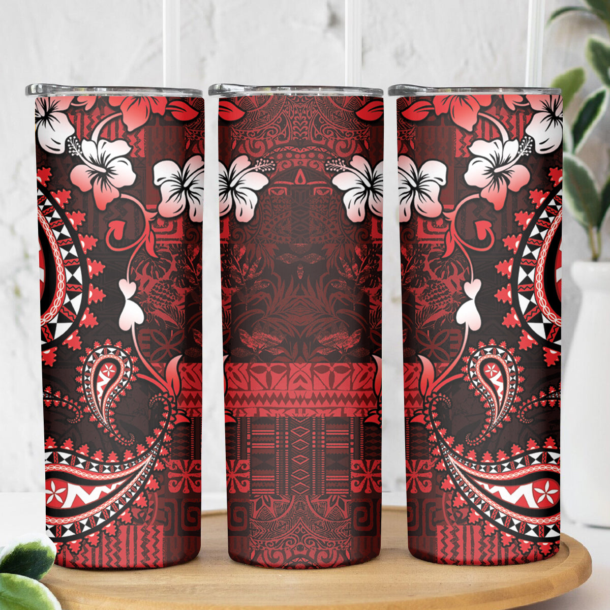 Fiji Masi Paisley Skinny Tumbler Fijian Hibiscus Tapa Red Version LT01 - Polynesian Pride