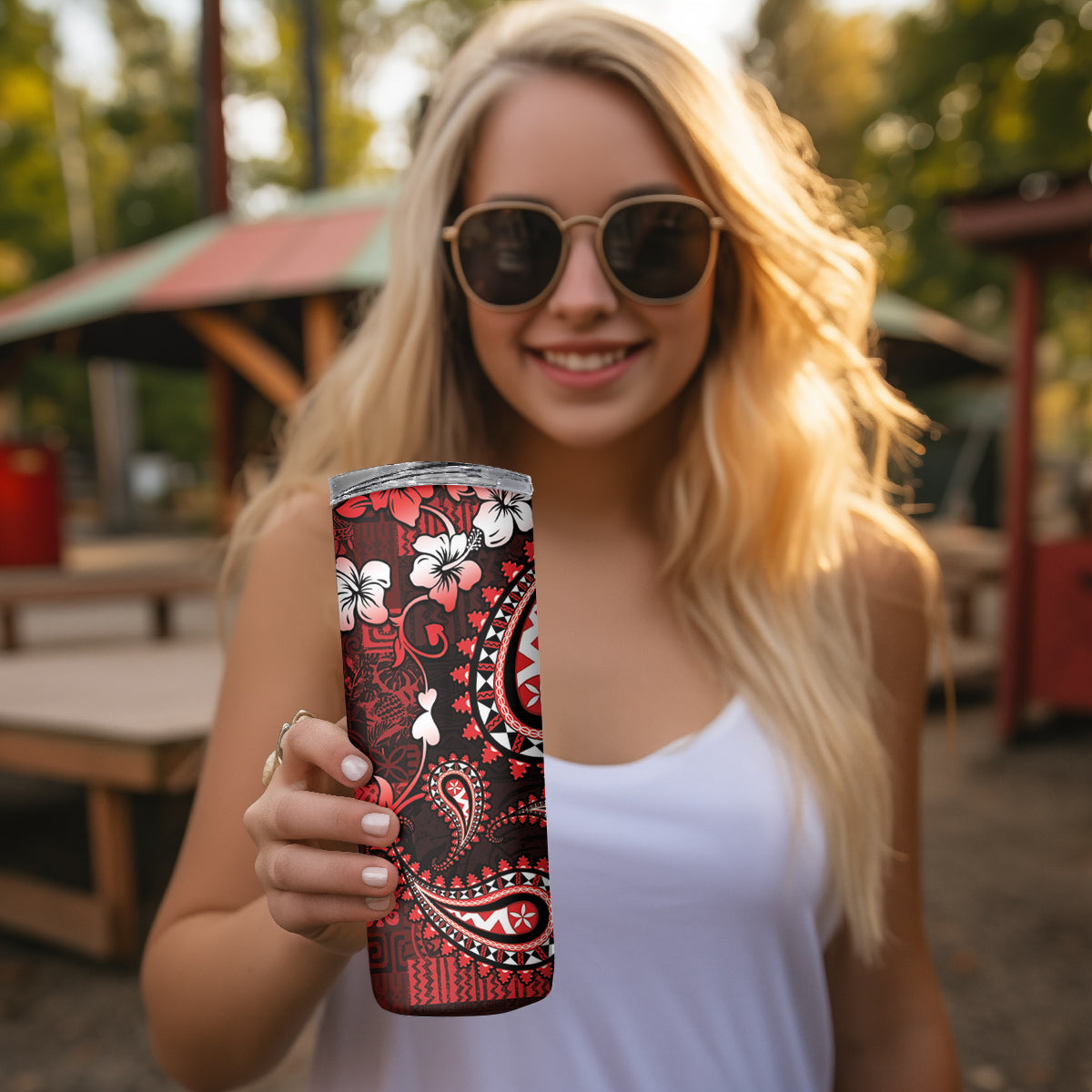 Fiji Masi Paisley Skinny Tumbler Fijian Hibiscus Tapa Red Version LT01 - Polynesian Pride