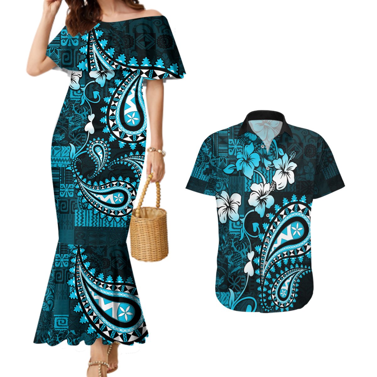 Fiji Masi Paisley Couples Matching Mermaid Dress and Hawaiian Shirt Fijian Hibiscus Tapa Sky Blue Version LT01 Blue - Polynesian Pride