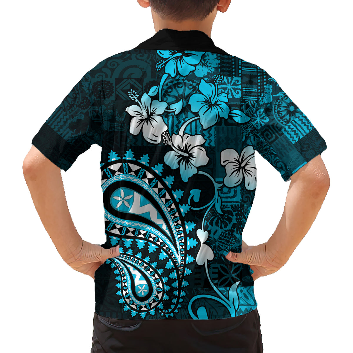 Fiji Masi Paisley Kid Hawaiian Shirt Fijian Hibiscus Tapa Sky Blue Version LT01 - Polynesian Pride