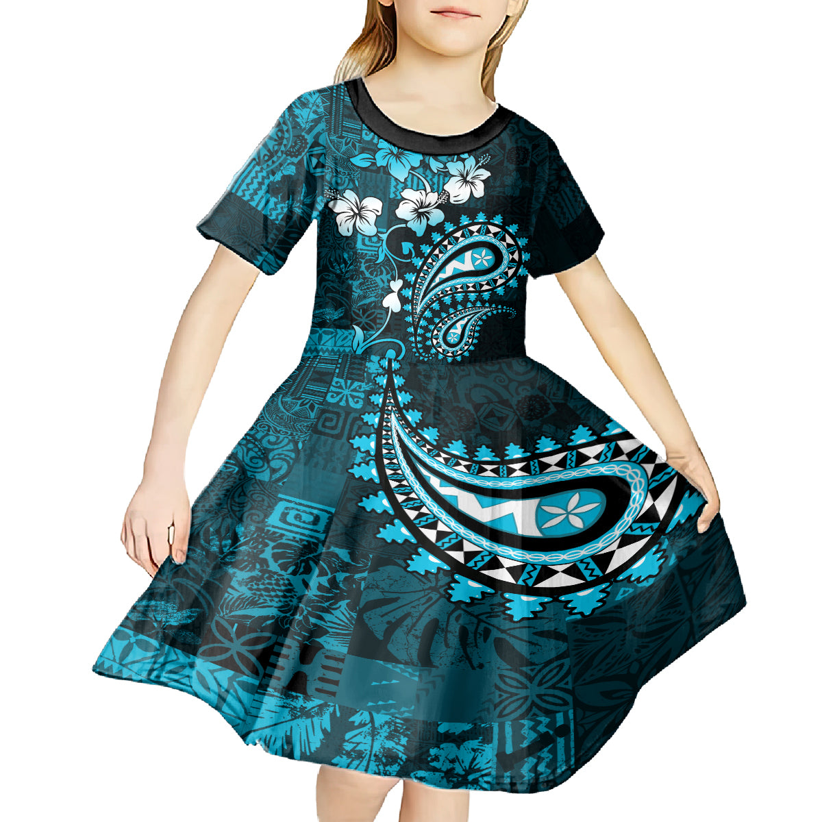 Fiji Masi Paisley Kid Short Sleeve Dress Fijian Hibiscus Tapa Sky Blue Version LT01 - Polynesian Pride