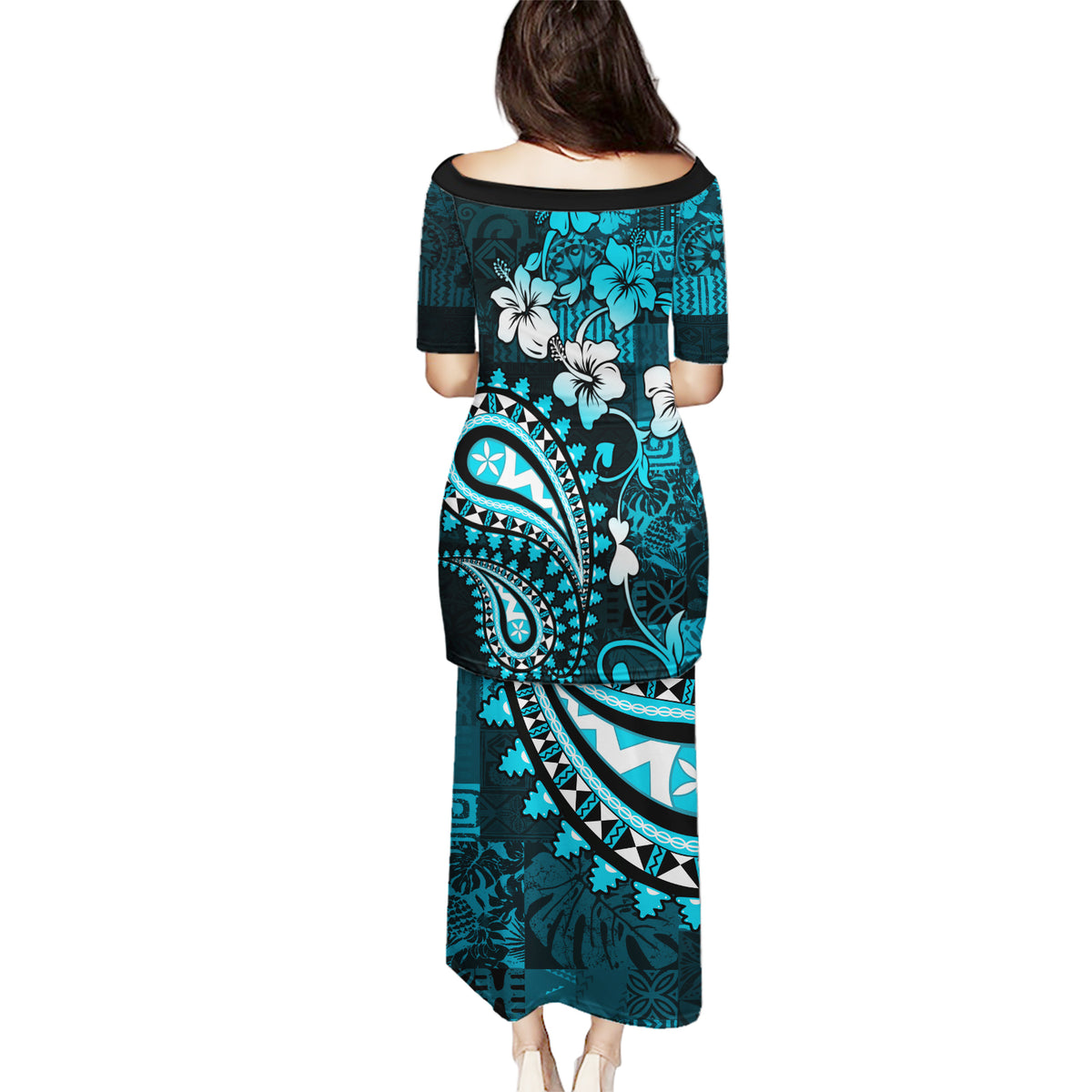 Fiji Masi Paisley Puletasi Fijian Hibiscus Tapa Sky Blue Version LT01 - Polynesian Pride