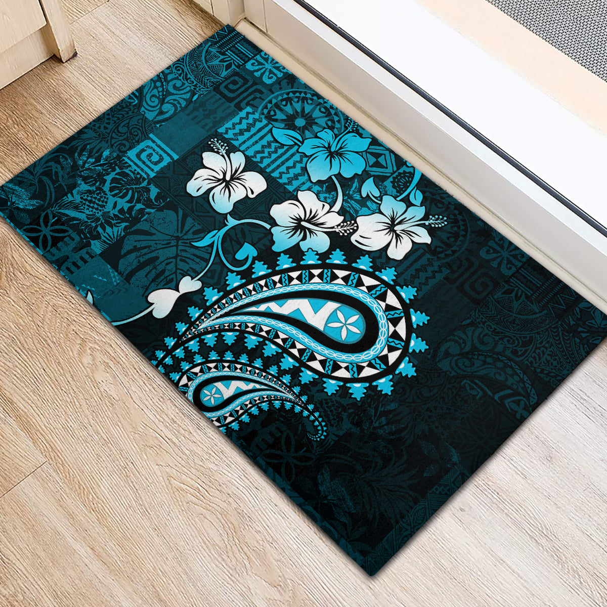 Fiji Masi Paisley Rubber Doormat Fijian Hibiscus Tapa Sky Blue Version LT01 - Polynesian Pride