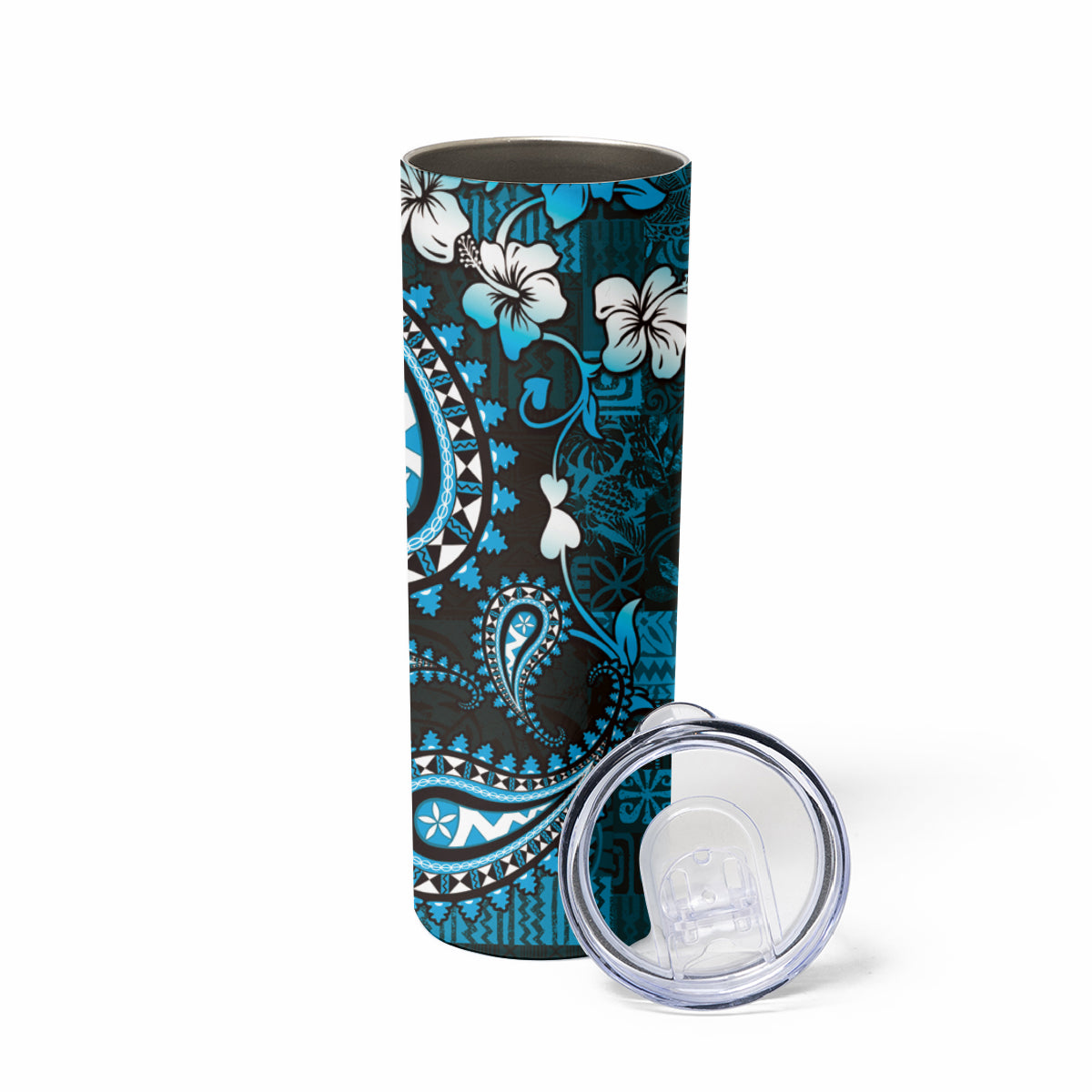 Fiji Masi Paisley Skinny Tumbler Fijian Hibiscus Tapa Sky Blue Version LT01 - Polynesian Pride