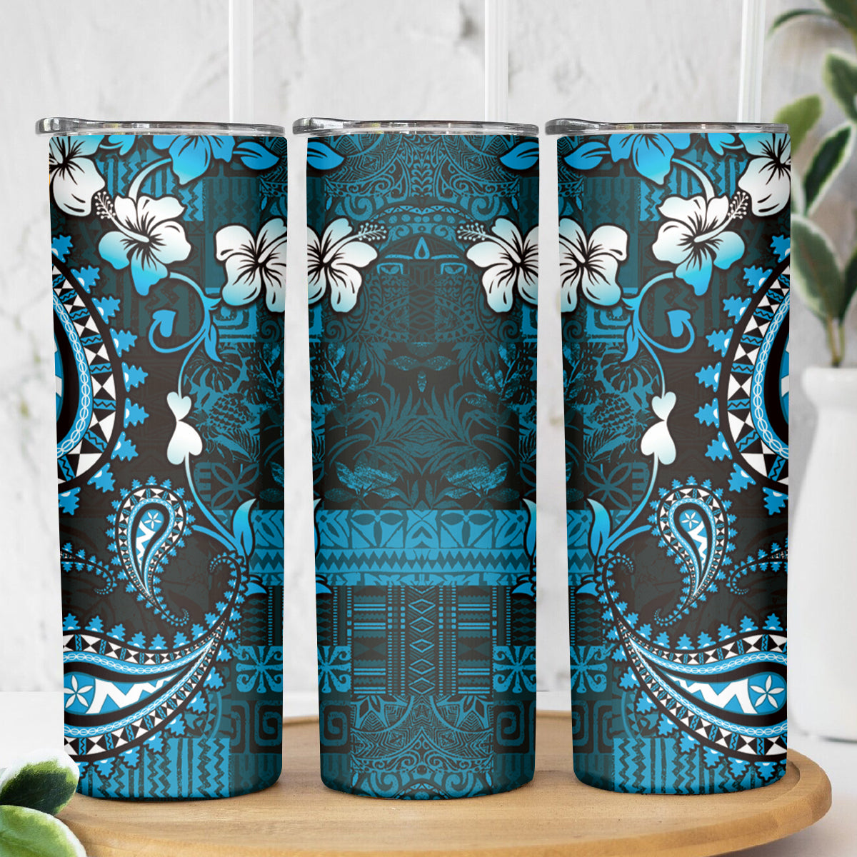 Fiji Masi Paisley Skinny Tumbler Fijian Hibiscus Tapa Sky Blue Version LT01 - Polynesian Pride