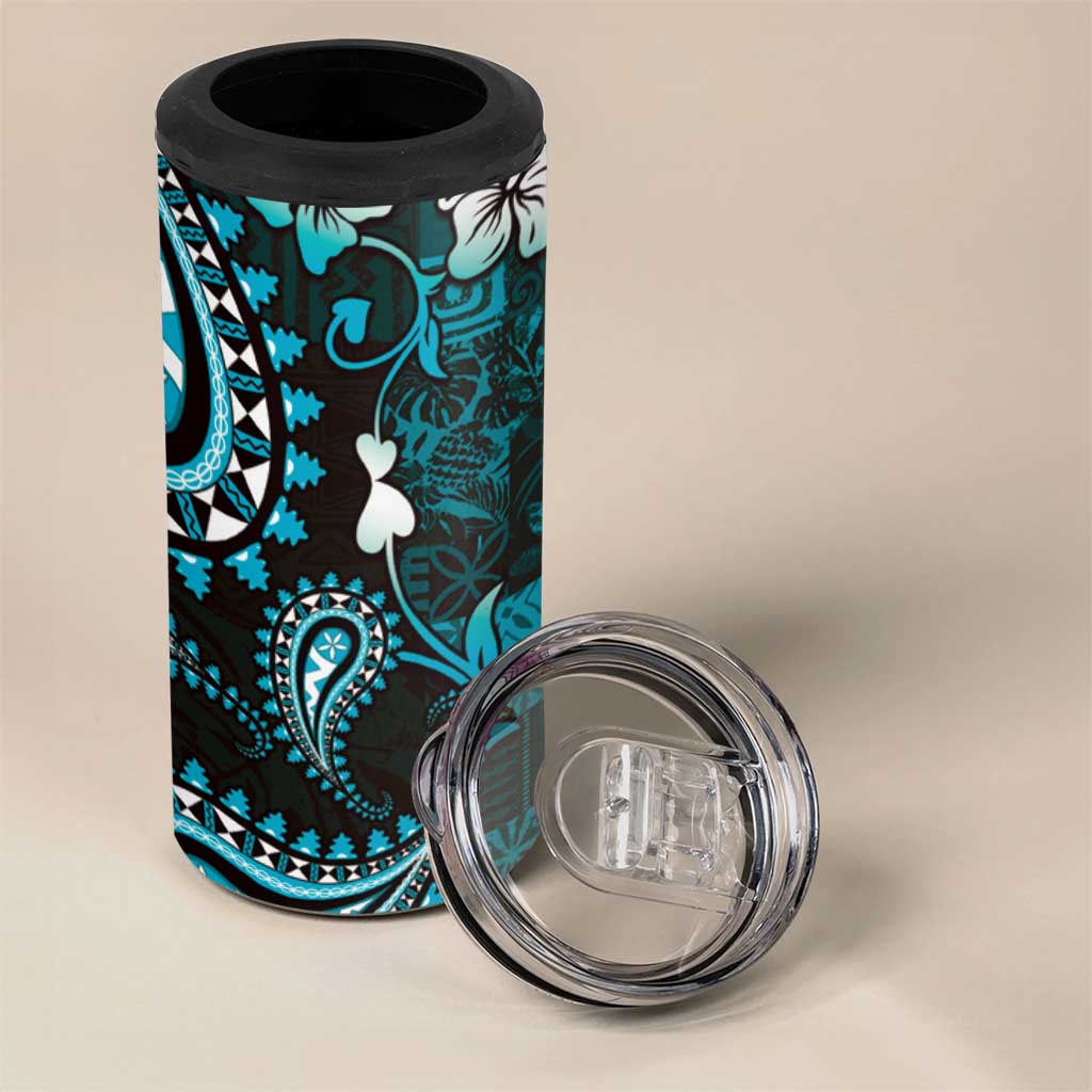 Fiji Masi Paisley 4 in 1 Can Cooler Tumbler Fijian Hibiscus Tapa Turquoise Version LT01 - Polynesian Pride