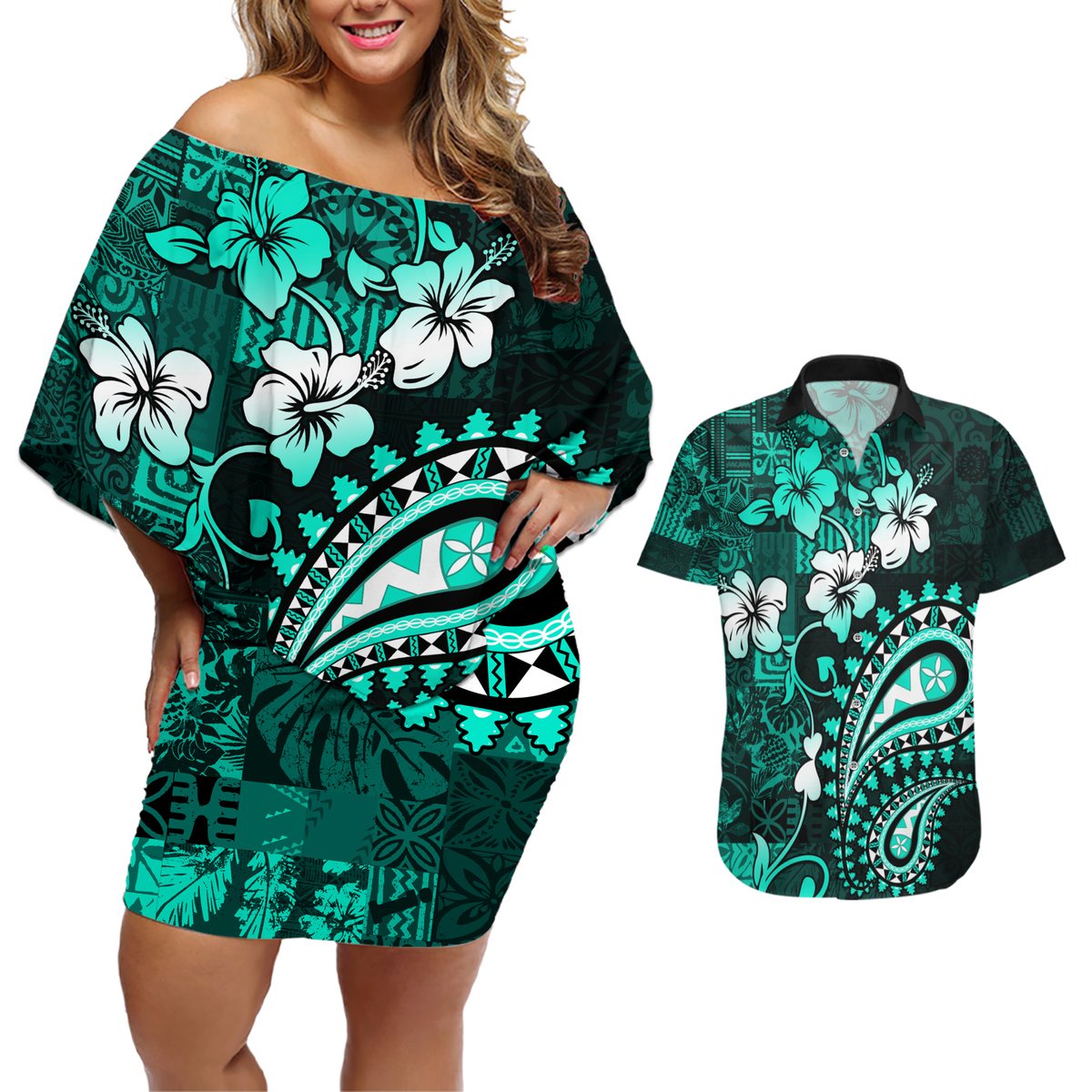 Fiji Masi Paisley Couples Matching Off Shoulder Short Dress and Hawaiian Shirt Fijian Hibiscus Tapa Turquoise Version LT01 Turquoise - Polynesian Pride