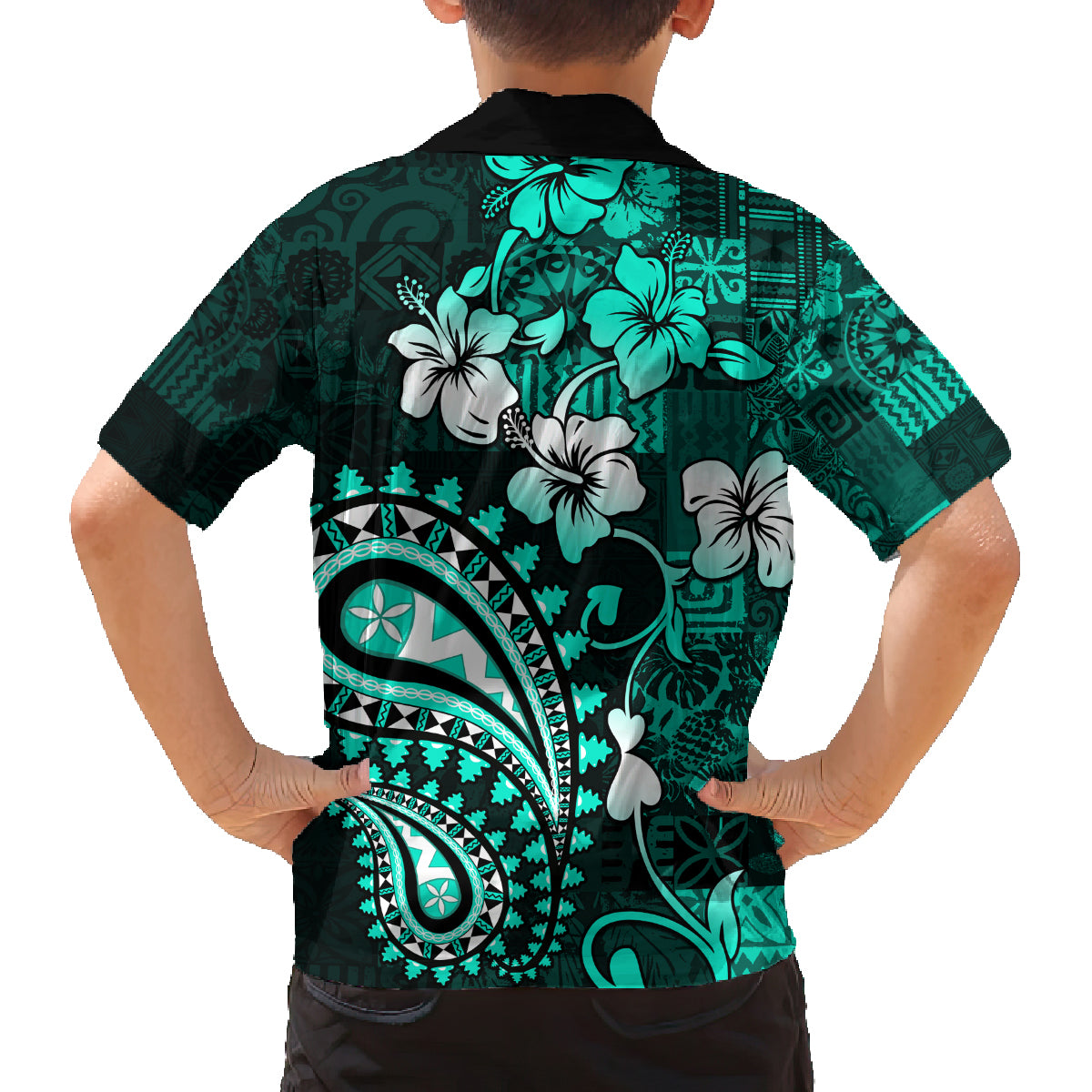 Fiji Masi Paisley Family Matching Off Shoulder Maxi Dress and Hawaiian Shirt Fijian Hibiscus Tapa Turquoise Version LT01 - Polynesian Pride