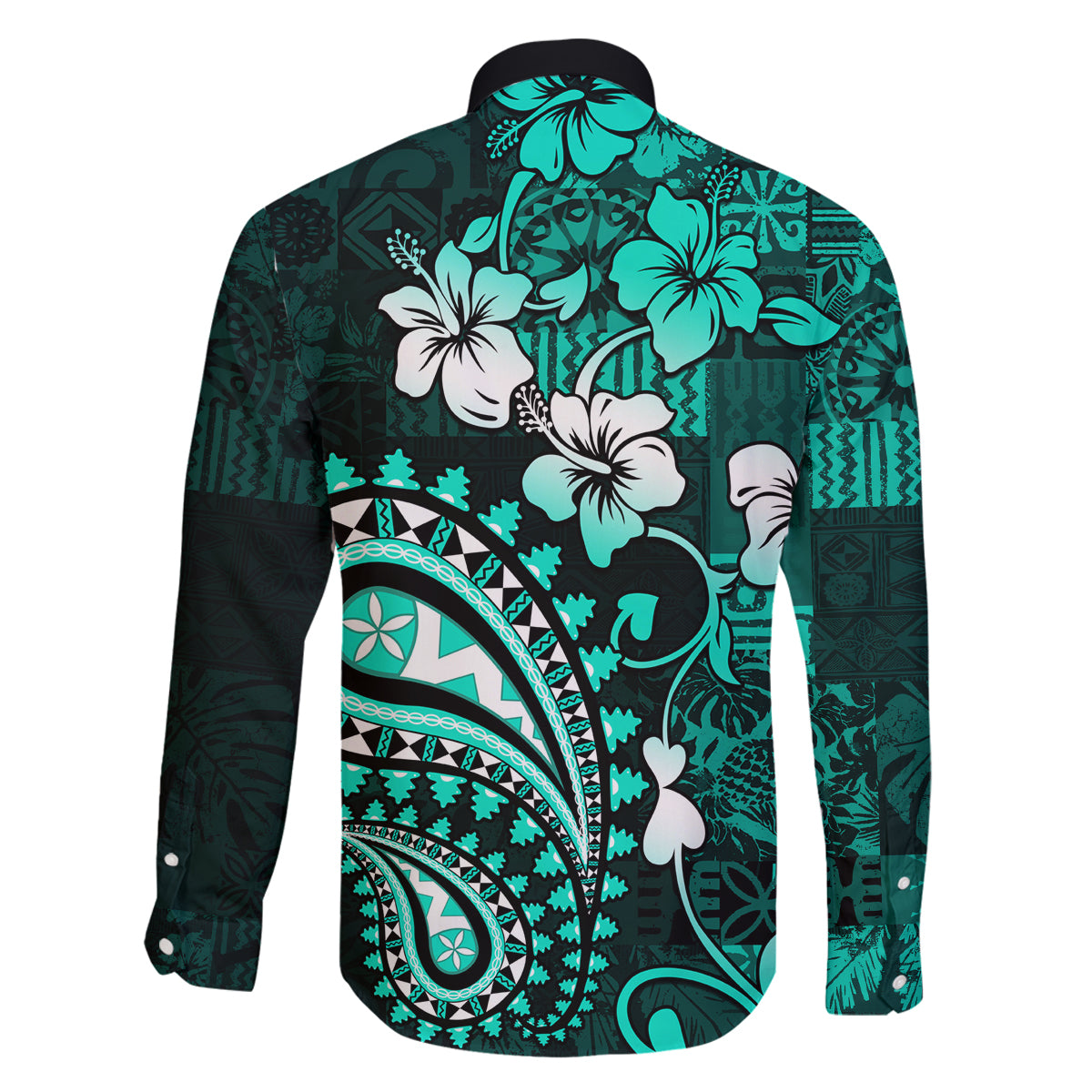 Fiji Masi Paisley Family Matching Tank Maxi Dress and Hawaiian Shirt Fijian Hibiscus Tapa Turquoise Version LT01 - Polynesian Pride
