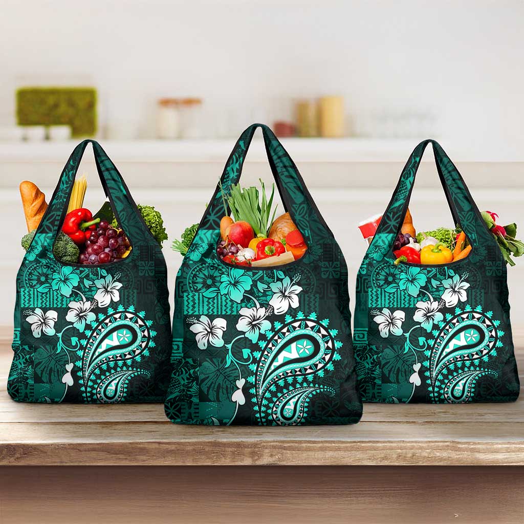 Fiji Masi Paisley Grocery Bag Fijian Hibiscus Tapa Turquoise Version LT01 3-pack One Size Turquoise - Polynesian Pride