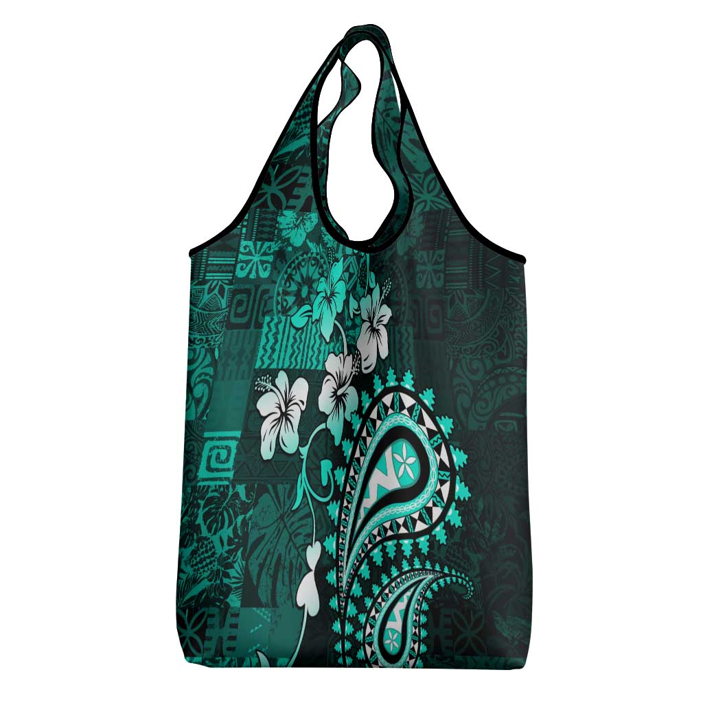Fiji Masi Paisley Grocery Bag Fijian Hibiscus Tapa Turquoise Version LT01 - Polynesian Pride