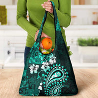 Fiji Masi Paisley Grocery Bag Fijian Hibiscus Tapa Turquoise Version LT01 - Polynesian Pride