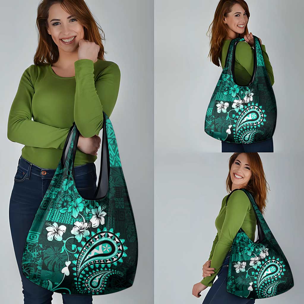 Fiji Masi Paisley Grocery Bag Fijian Hibiscus Tapa Turquoise Version LT01 - Polynesian Pride