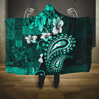 Fiji Masi Paisley Hooded Blanket Fijian Hibiscus Tapa Turquoise Version LT01 One Size Turquoise - Polynesian Pride
