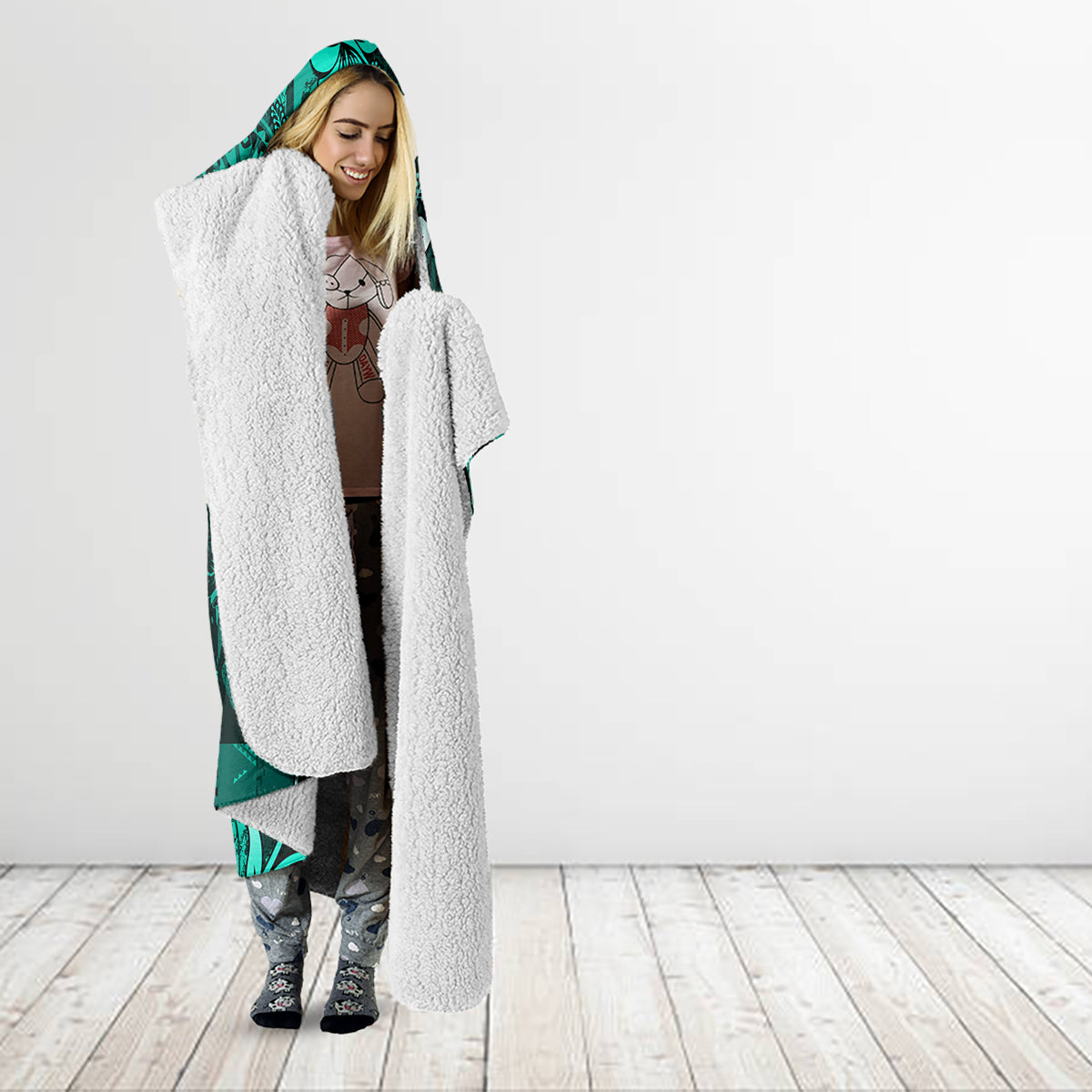 Fiji Masi Paisley Hooded Blanket Fijian Hibiscus Tapa Turquoise Version LT01 - Polynesian Pride