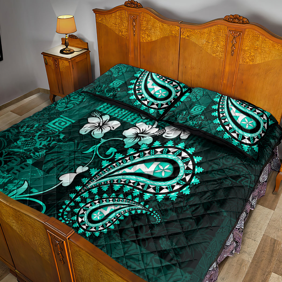 Fiji Masi Paisley Quilt Bed Set Fijian Hibiscus Tapa Turquoise Version LT01 - Polynesian Pride