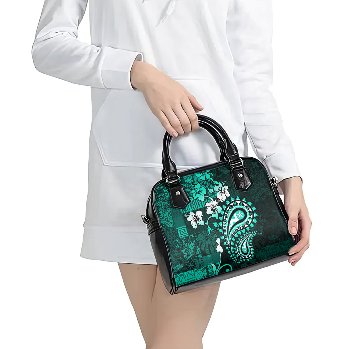 Fiji Masi Paisley Shoulder Handbag Fijian Hibiscus Tapa Turquoise Version LT01 - Polynesian Pride