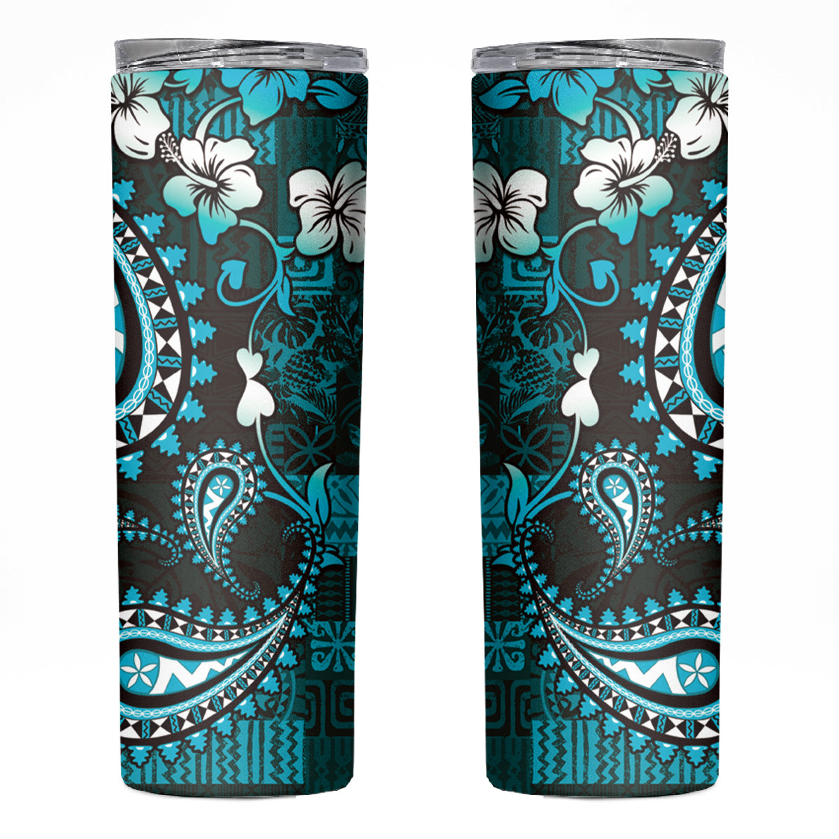 Fiji Masi Paisley Skinny Tumbler Fijian Hibiscus Tapa Turquoise Version LT01 Turquoise - Polynesian Pride