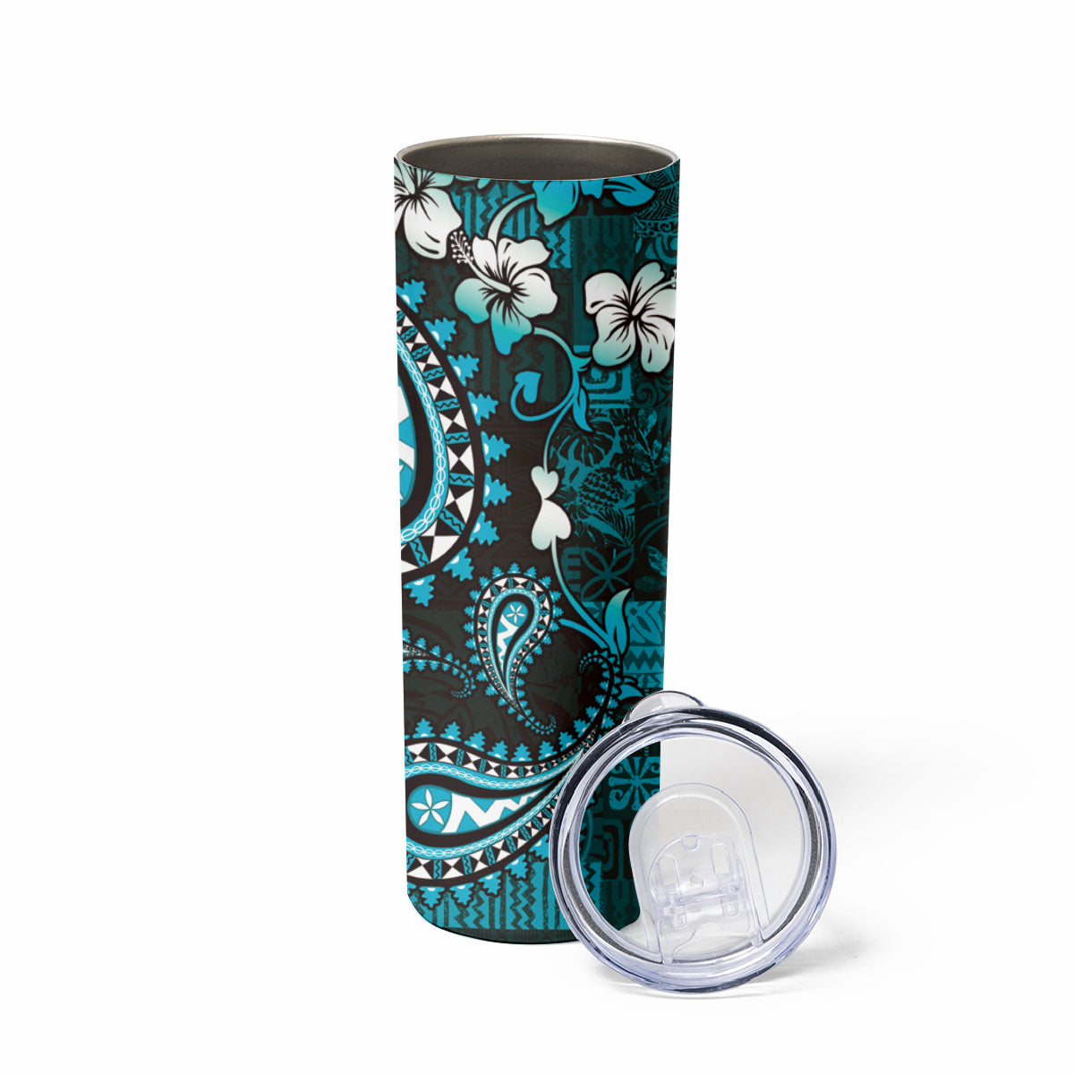 Fiji Masi Paisley Skinny Tumbler Fijian Hibiscus Tapa Turquoise Version LT01 - Polynesian Pride