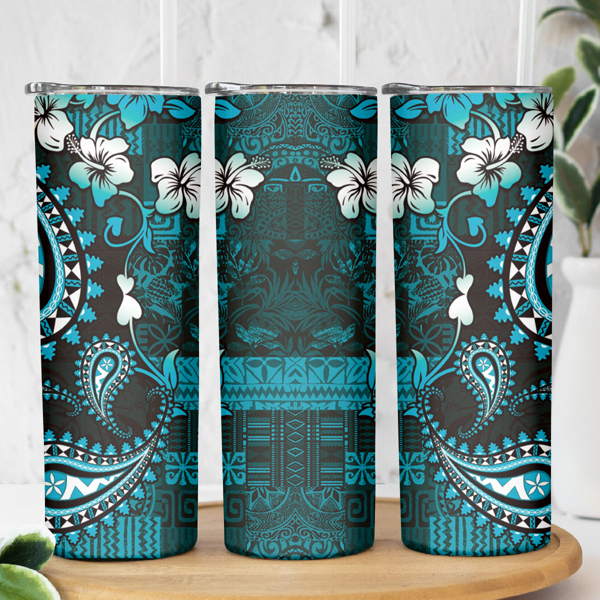Fiji Masi Paisley Skinny Tumbler Fijian Hibiscus Tapa Turquoise Version LT01 - Polynesian Pride