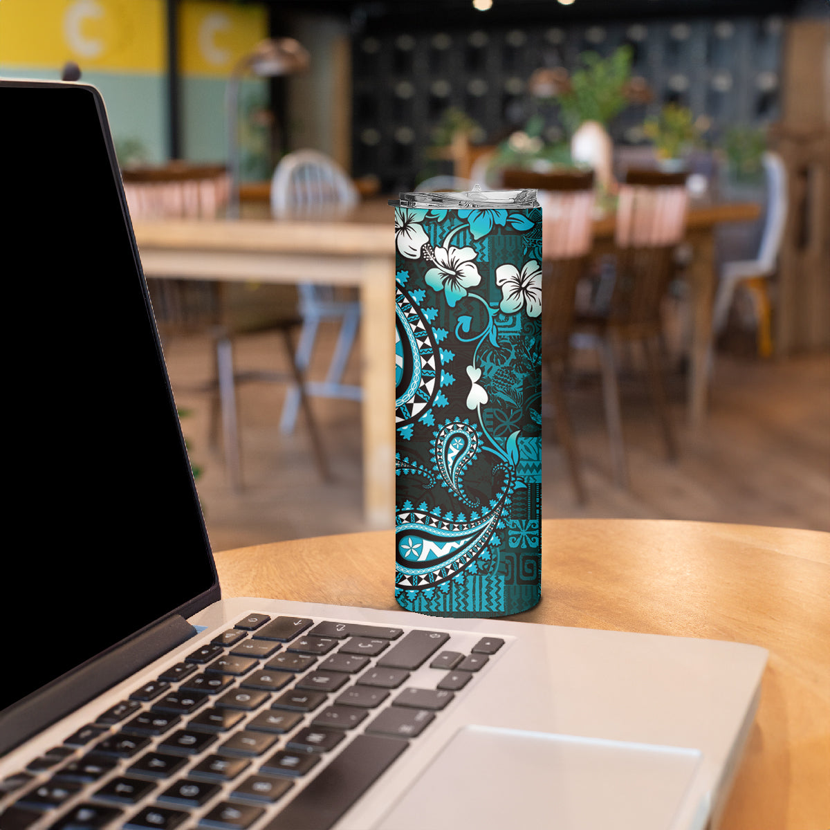 Fiji Masi Paisley Skinny Tumbler Fijian Hibiscus Tapa Turquoise Version LT01 - Polynesian Pride