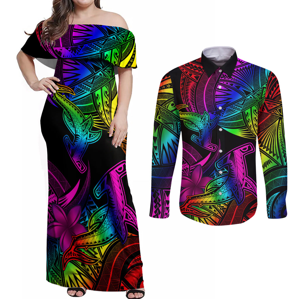 LGBT History Month Couples Matching Off Shoulder Maxi Dress and Long Sleeve Button Shirt Polynesian Hammerhead Shark LT01 Rainbow - Polynesian Pride