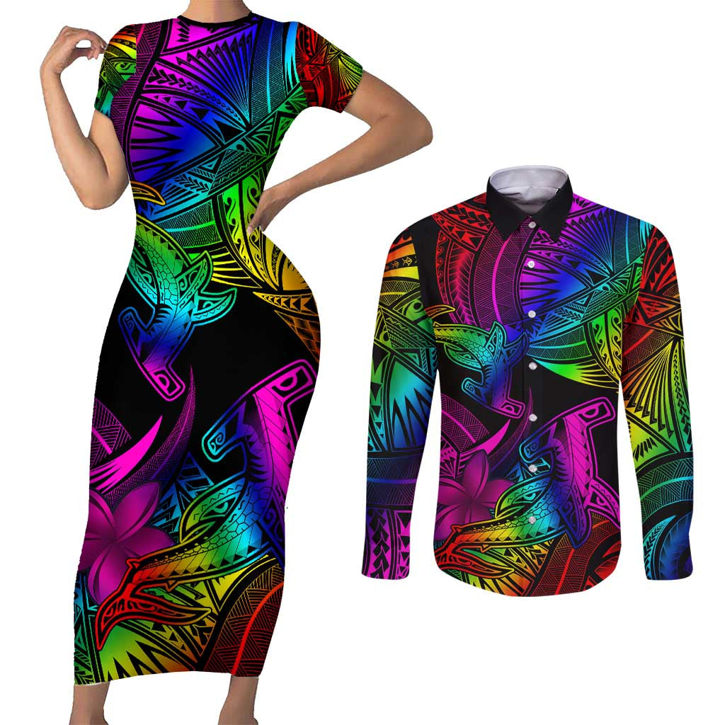 LGBT History Month Couples Matching Short Sleeve Bodycon Dress and Long Sleeve Button Shirt Polynesian Hammerhead Shark LT01 Rainbow - Polynesian Pride
