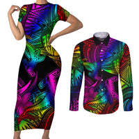LGBT History Month Couples Matching Short Sleeve Bodycon Dress and Long Sleeve Button Shirt Polynesian Hammerhead Shark LT01 Rainbow - Polynesian Pride