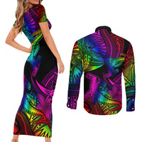 LGBT History Month Couples Matching Short Sleeve Bodycon Dress and Long Sleeve Button Shirt Polynesian Hammerhead Shark LT01 - Polynesian Pride