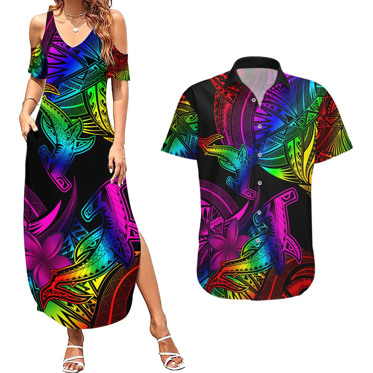 LGBT History Month Couples Matching Summer Maxi Dress and Hawaiian Shirt Polynesian Hammerhead Shark LT01 Rainbow - Polynesian Pride