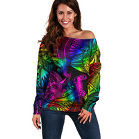 LGBT History Month Off Shoulder Sweater Polynesian Hammerhead Shark LT01 Women Rainbow - Polynesian Pride