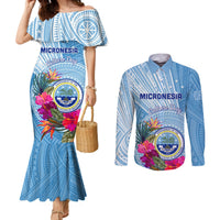Micronesia Culture Day Couples Matching Mermaid Dress and Long Sleeve Button Shirt Tribal Pattern Tropical Style LT01 Blue - Polynesian Pride