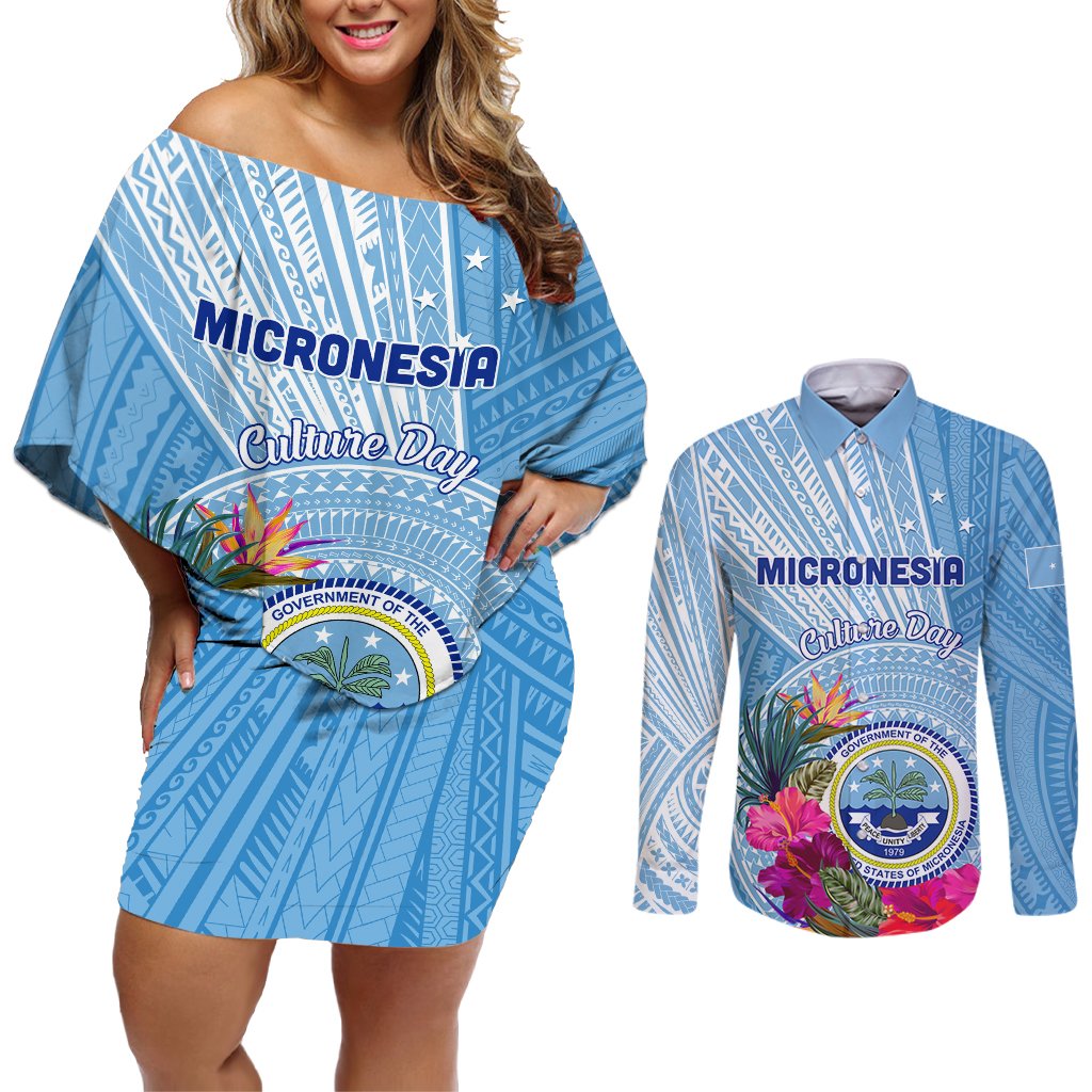 Micronesia Culture Day Couples Matching Off Shoulder Short Dress and Long Sleeve Button Shirt Tribal Pattern Tropical Style LT01 Blue - Polynesian Pride