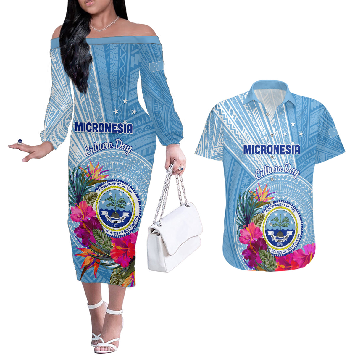 Micronesia Culture Day Couples Matching Off The Shoulder Long Sleeve Dress and Hawaiian Shirt Tribal Pattern Tropical Style LT01 Blue - Polynesian Pride